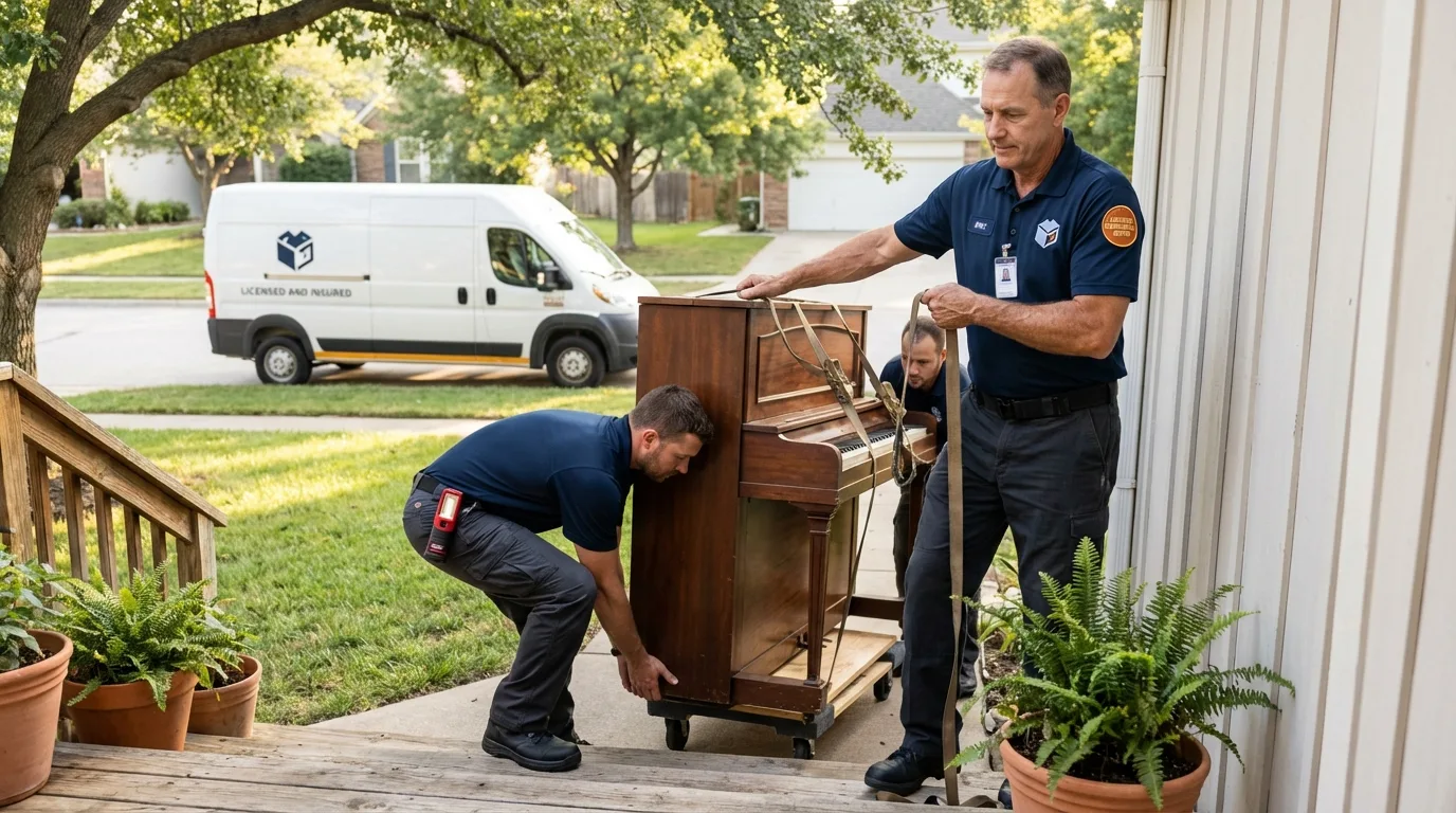 Licensed piano movers securing grand piano in Richmond, MO