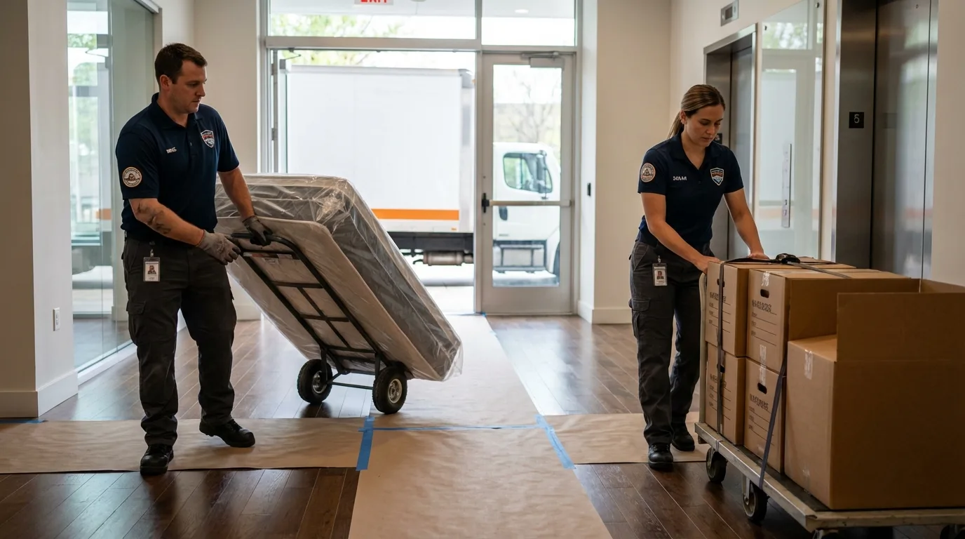 Professional apartment movers loading elevator in Richmond, MO